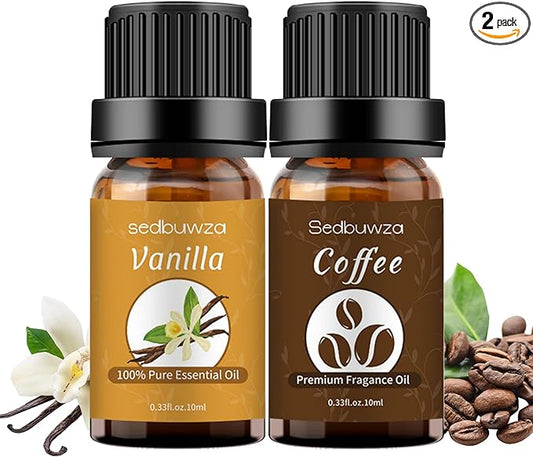 Sedbuwza Vanilla Coffee Essential Oil Set, Vanilla Fragrance Oil Coffee Scent Oil Set for Diffuser, Aromatherapy, Massage, Soap, Candle Making 2 x 10 ml
