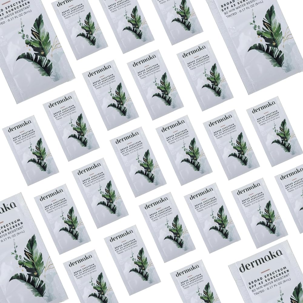 Dermaka Travel Size Sunscreen SPF 42 for Face & Body – 2-in-1 Lightly Tinted Mineral Sunscreen with Zinc Oxide & Titanium Dioxide – Skin Soothing, Water-Resistant 80 Min, 5ml 25 sachets