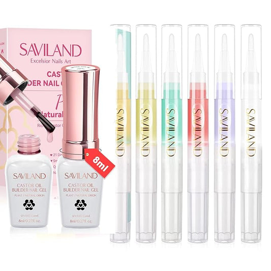 SAVILAND 6PCS Natural Cuticle Oil Pen with Clear Pink Gel Builder for Nails