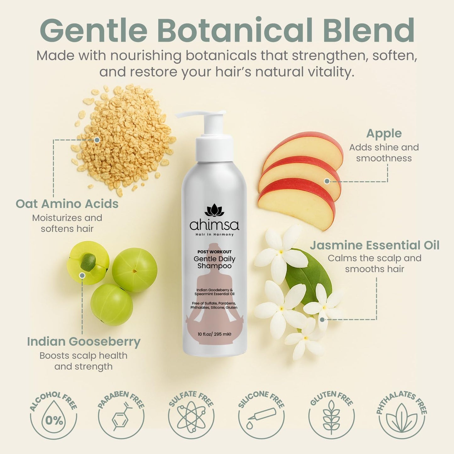 Ahimsa Gentle Daily Shampoo, Organic and Gentle Hydrating Shampoo for Dry, Curly & Color Treated Hair, Moisturizing Shampoos for Daily Use with Indian Gooseberry & Jasmine Essential Oil, Made in USA