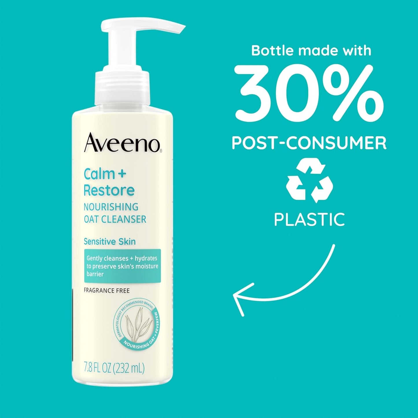 Aveeno Calm + Restore Facial Cleanser for Sensitive Skin, Hydrating Gentle Milky Face Cleanser with Nourishing Oat and Feverfew, Hypoallergenic Formula, Fragrance Free, 7.8 fl oz