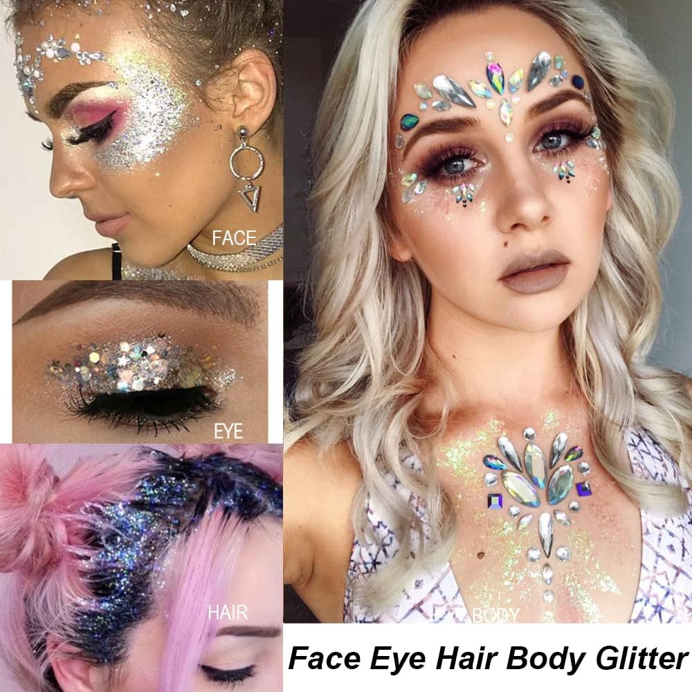 Mysense Silver Body Glitter Gel, Singer Concerts Glitter Makeup, Music Festival Rave Face Eye Hair Accessories, Chunky Glitter Mermaid Sequins, Sparkling Paint for Women, 30g