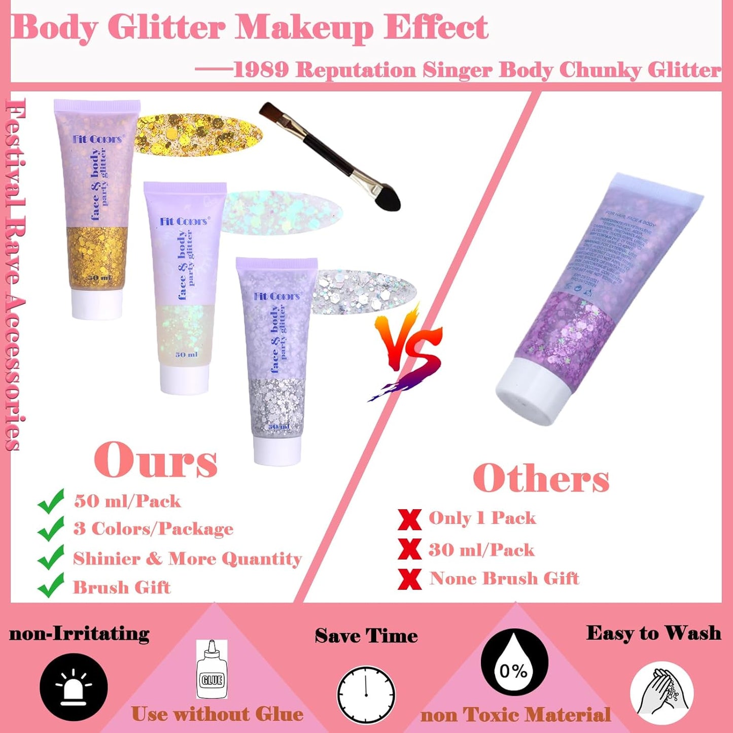 Body Glitter Face Glitter Gel: Singer Concerts Disco Festival Rave Accessories Face Glitter Makeup 150ml Chunky Sequins Mermaid Face Body Hair Glitter Gel (White&Silver&Gold)