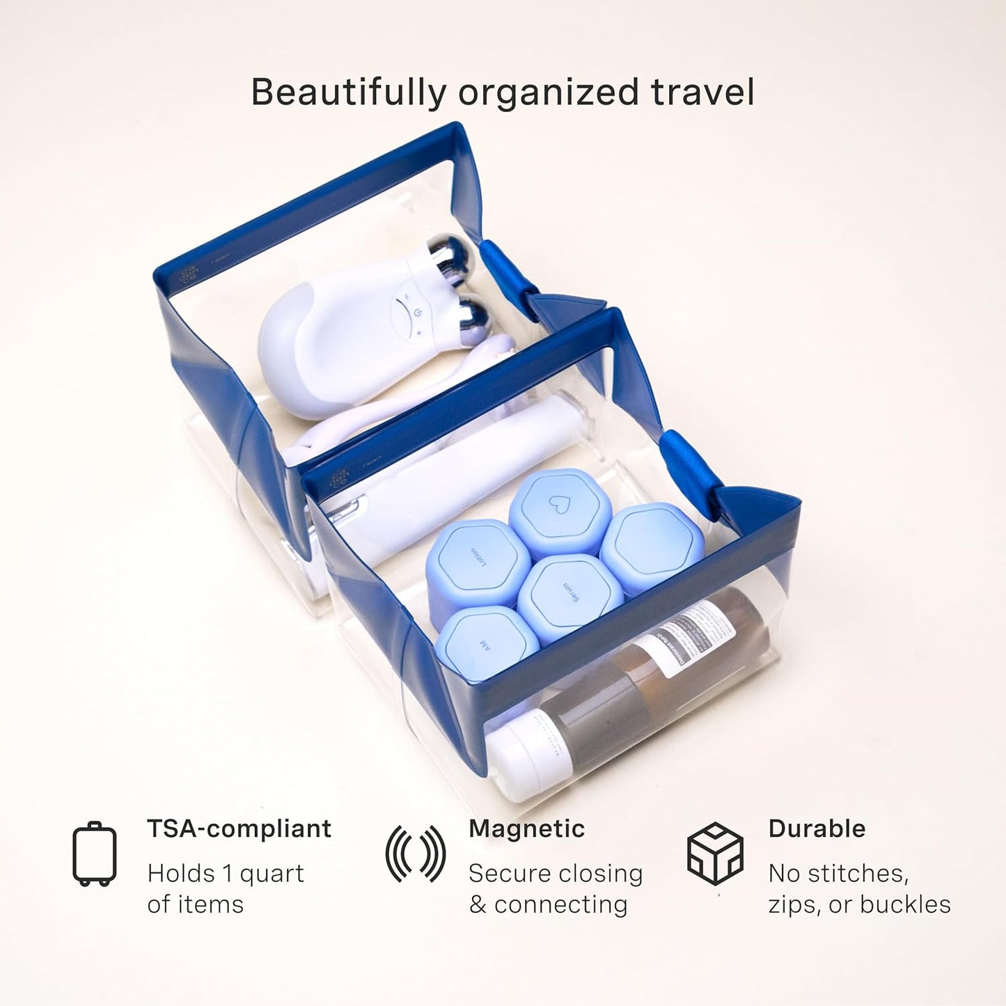 Cadence Parcel - Clear Kit with Magnetic Closure - Durable and Leak-Resistant Travel Toiletry Kit - TSA-Compliant & Modular Design - Hygiene Bag for Travel Essentials - 1 Qt - Cove