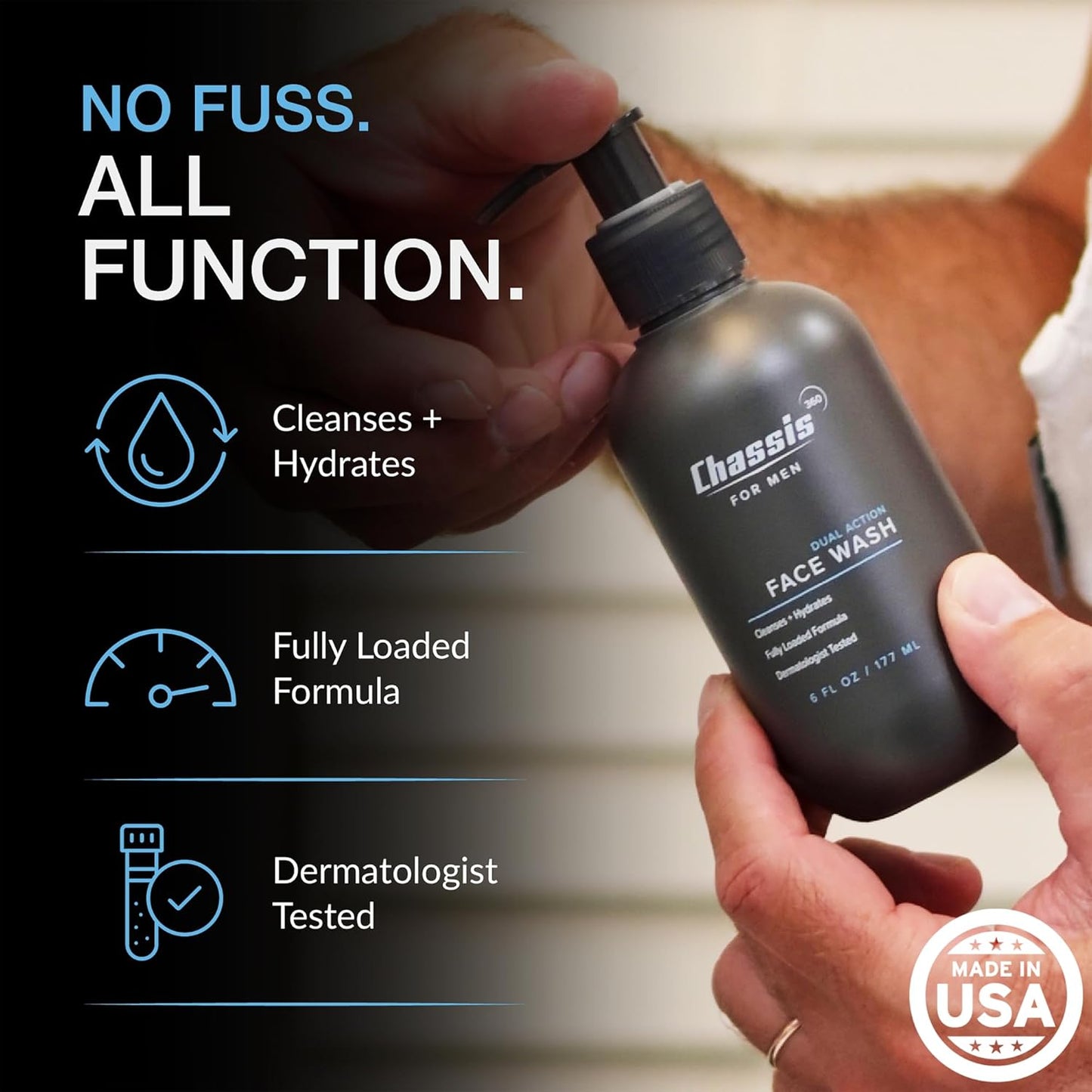 Chassis 360 Dual Action Face Wash - Hydrating & Oil Control Men's Face Wash with Niacinamide, Vitamin C & Hyaluronic Acid - Free From Phthalates, Parabens & Sulfates - Unscented Cleanser - 6 Fl Oz
