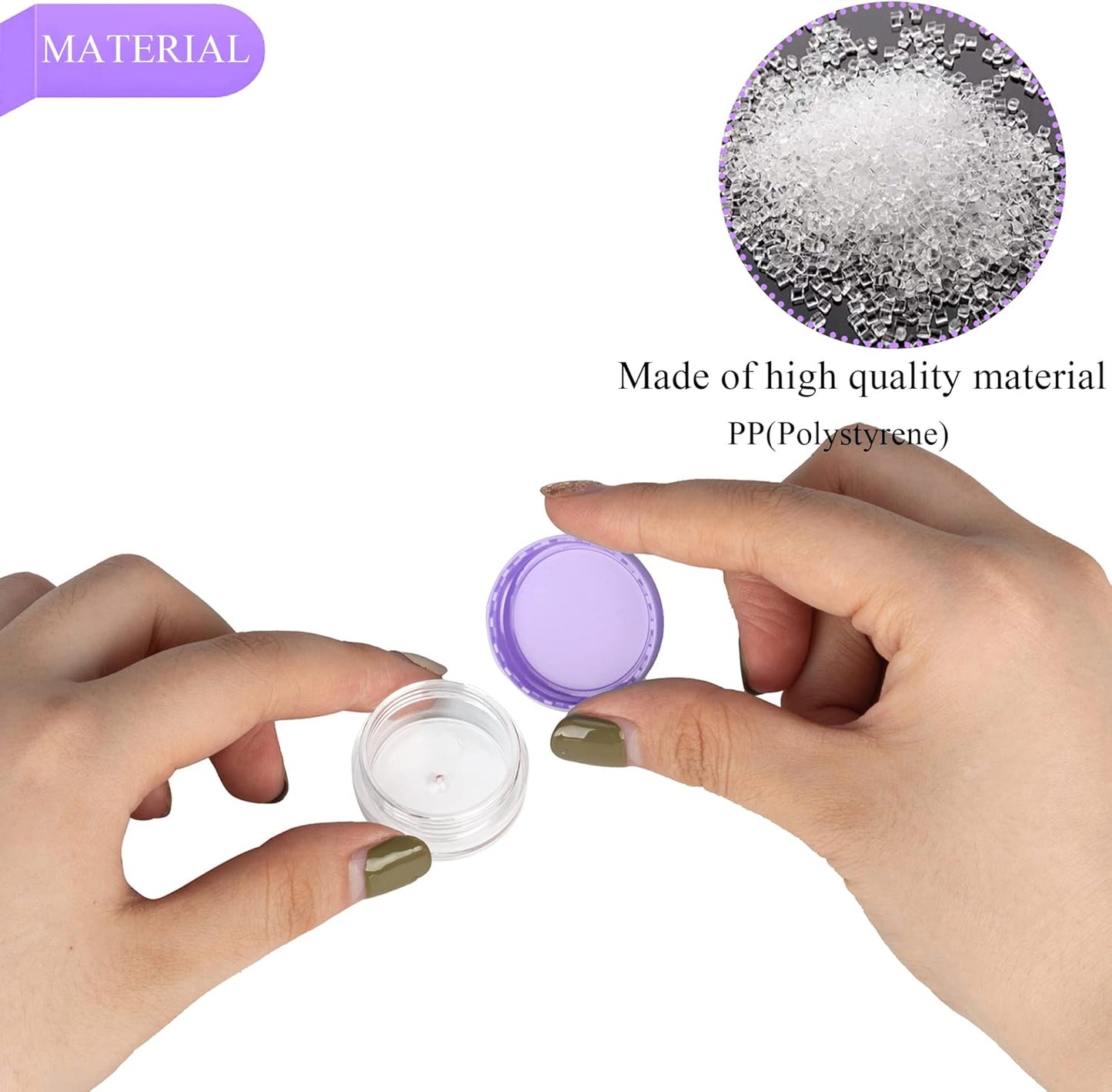 50PCS 3 Gram Sample Containers, 3ml Empty Jars with Lids, Small Cosmetic Containers, Mini Sample Jars with 4PCS Mini Spatulas for Make Up, Oils, Lotion, Powder, Paint, Jewelry, Lip Balms(Purple Lid)