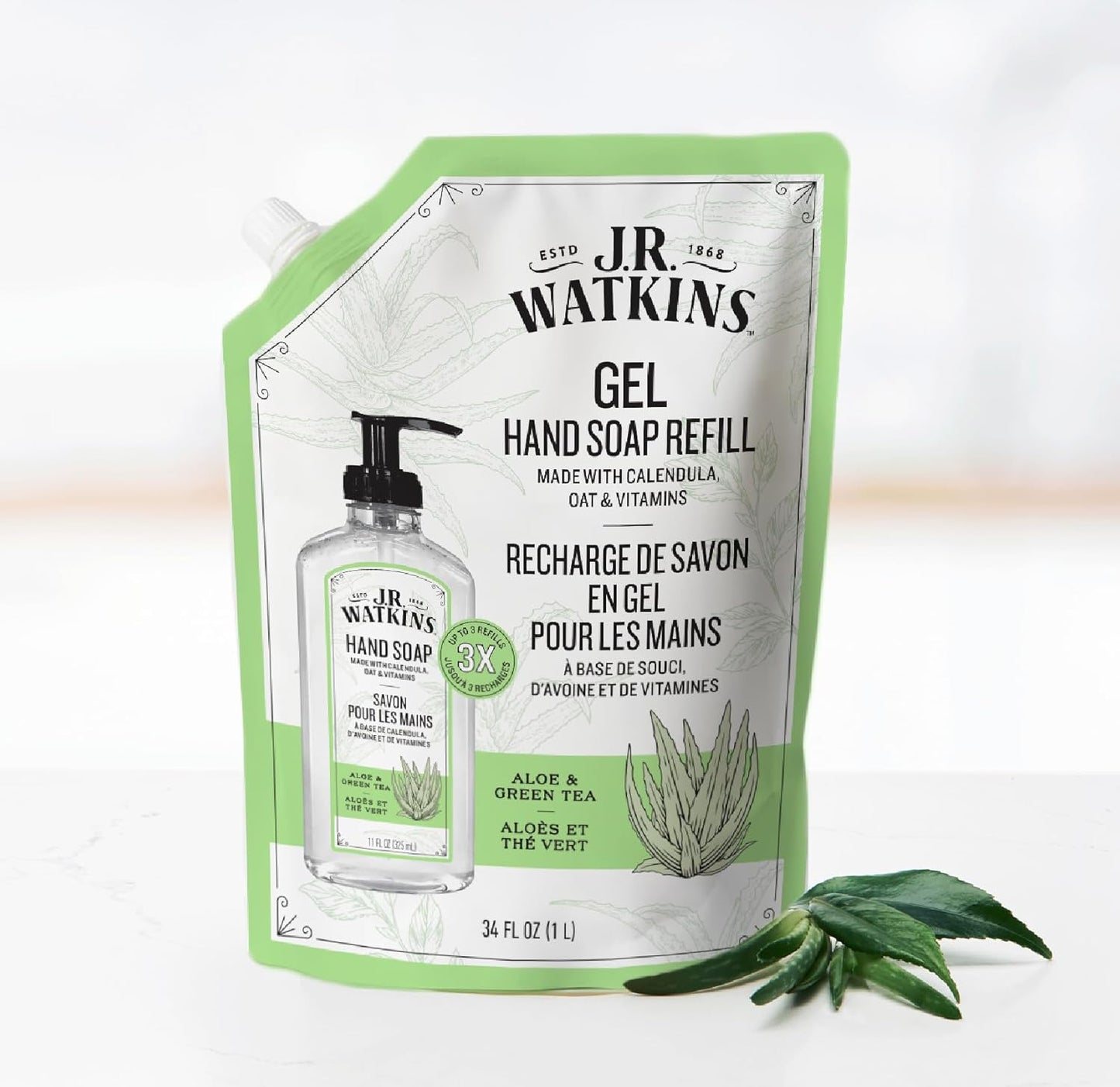 J.R. Watkins Gel Hand Soap Refill, Moisturizing Hand Wash, Formulated with Plant-Based Cleansers, Alcohol-Free, Cruelty-Free, Aloe & Green Tea, 34 Fl Oz, 2 Pack