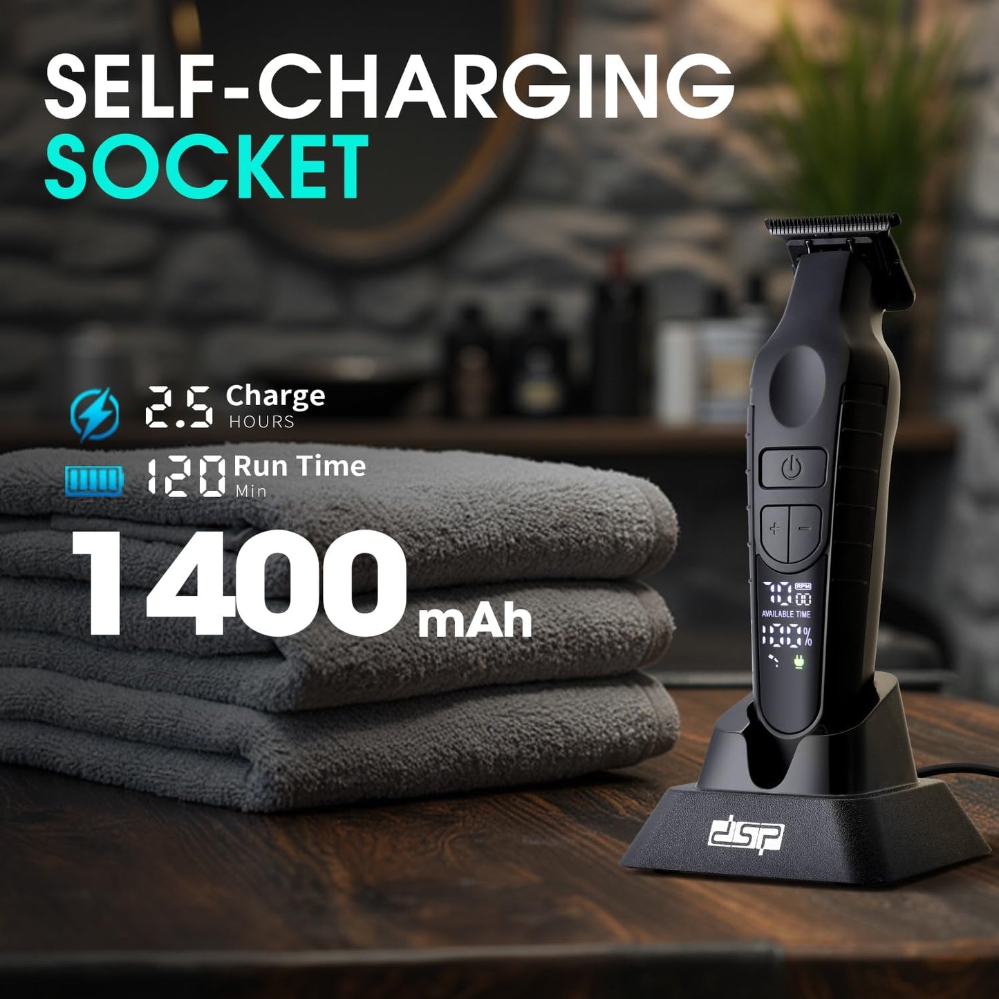 DSP Hair Trimmer for Men, Beard Trimmer, Cordless USB Rechargeable Barber Trimmer DLC, Speeds Adjustable, Travel Lock, Low Noise with Charging Base
