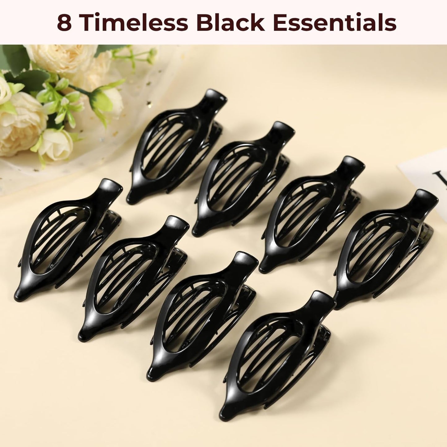 8 Pack Glossy Black Flat Hair Clips for Women – High-Shine Non-Slip Claw Clips, Strong Hold Minimalist Hair Accessories for Work, Travel, or Daily Styling