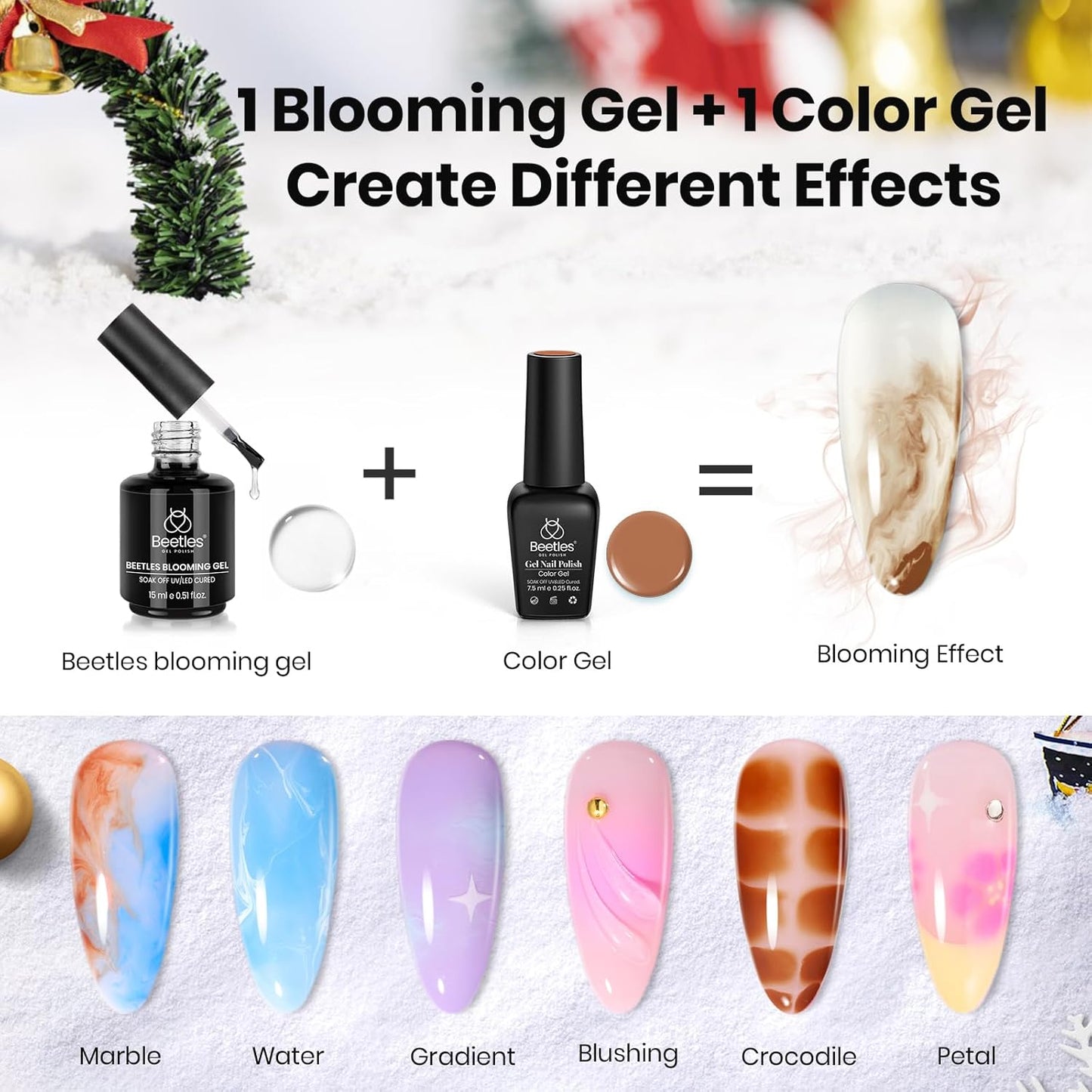 Beetles Blooming Gel Nail Polish - Christmas Limited Gel Polish for Spreading Effect Blossom Marble Natural Stone Watercolor Floral Print Soak off U V LED Lamp Cure Diy Nail Art Design Gifts for Women