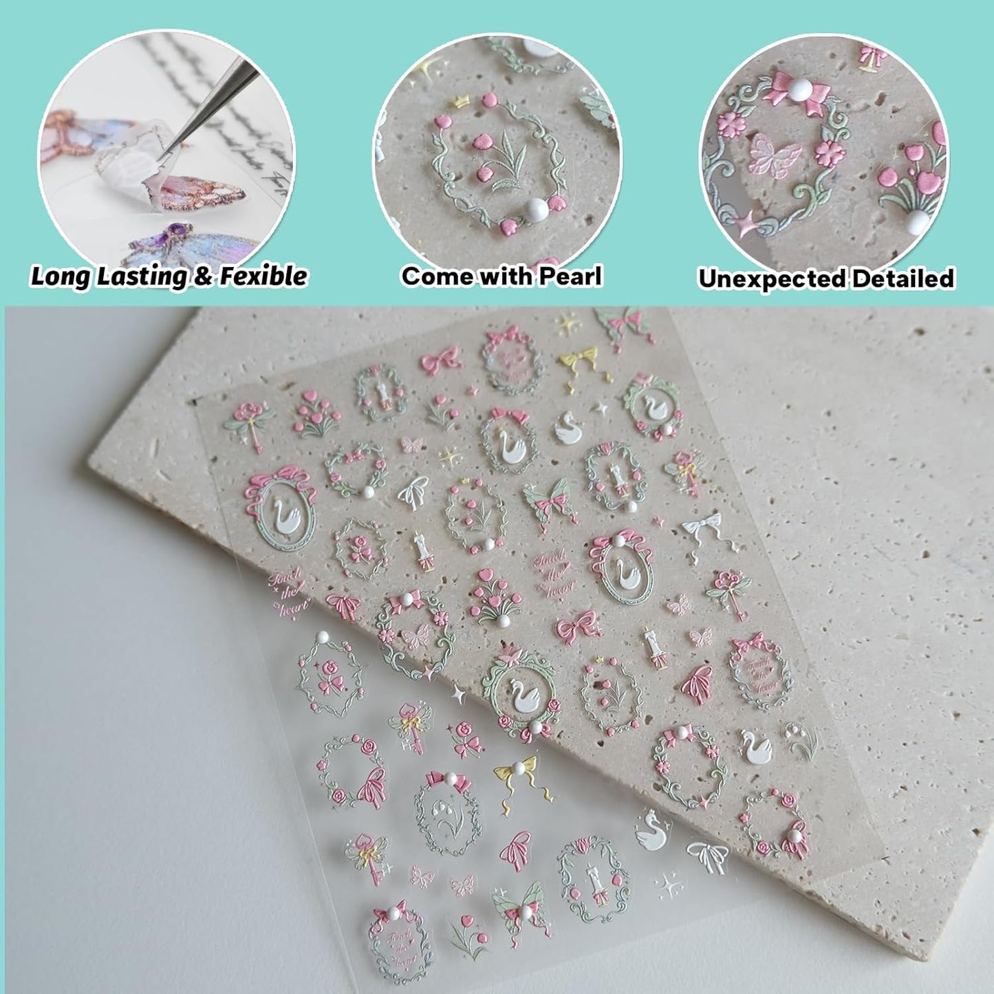 Swan Nail Art Stickers, Embossed Decals, Elegant Cute Design, Pearl, Self-Adhesive Accessories for Women, Nail Supplies