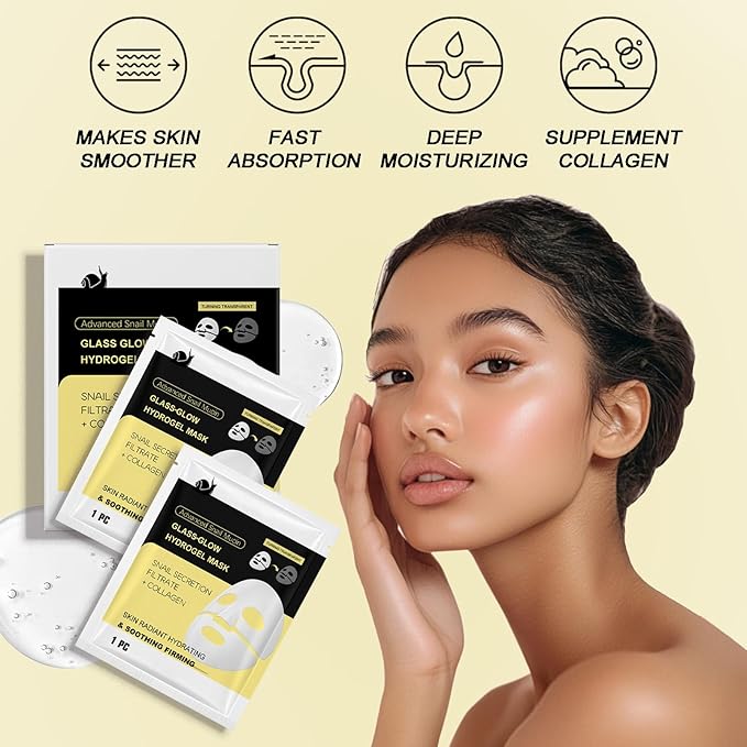 Advanced Snail Mucin Glass-Skin Hydrogel Mask, Collagen Face Mask with Snail Mucin Serum - Self Care, Face Masks for Dry, Sensitive Skin, Collagen Mask Nourish & Soften the Skin, Korean Skin Care 8Pcs