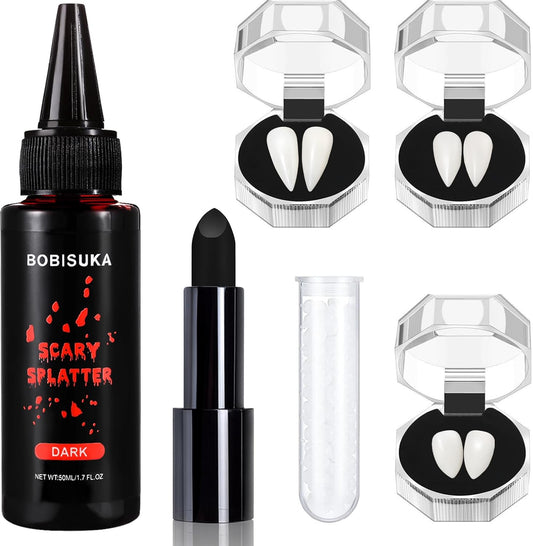 BOBISUKA Halloween Vampire Makeup Kit with Dark Fake Blood, Black Lipstick, 3 Pairs Vampire Teeth, Horror Cosplay Costume Accessories for Halloween, Vampire, Party