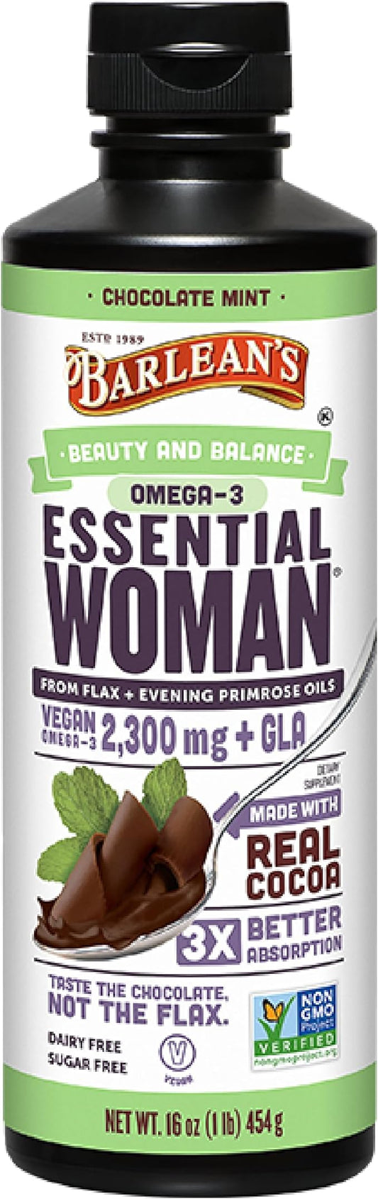 Barlean's Essential Woman Chocolate Mint Liquid Supplement from Flaxseed, Evening Primrose Oil & Soy Isoflavones, Omega 3 6 9 and GLA, Hormonal Balance & Healthy Hair and Skin, 16 oz
