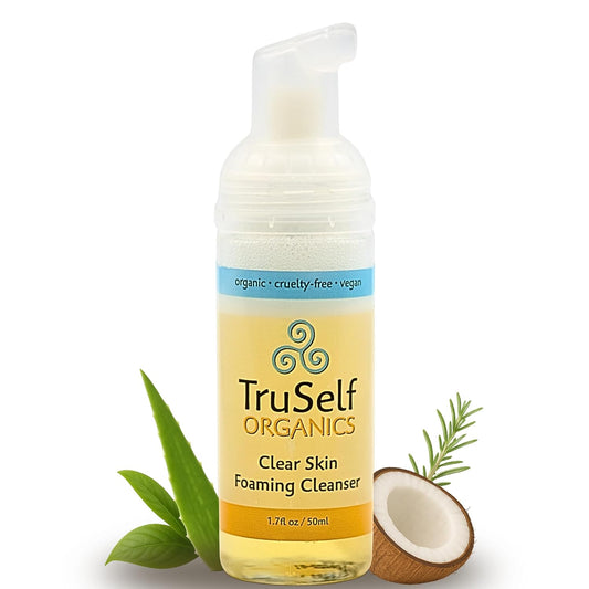 Deep Cleansing Clear Skin Face Wash - TruSelf Organics Acne Fighting Foaming Cleanser for Oily Combination Skin - Organic Pore Cleanser with Tea Tree Oil Control - Vegan USA Made Travel Size 1.7 oz