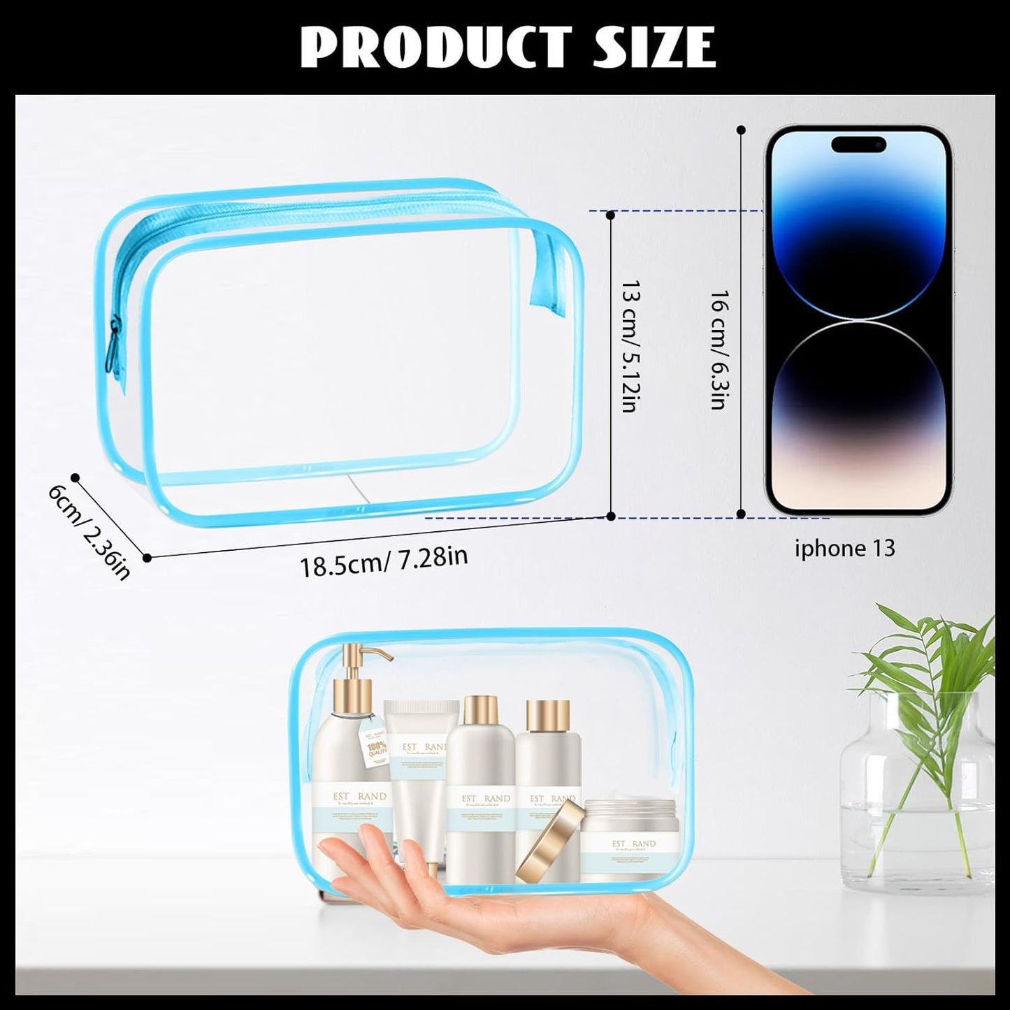 16 Pieces Clear Cosmetic Bags, PVC Clear Pouch with Zipper TSA Approved Toiletry Bag for Travelling, Waterproof Transparent Travel Makeup Cosmetic Organizer Case for Men and Women (Blue-M)