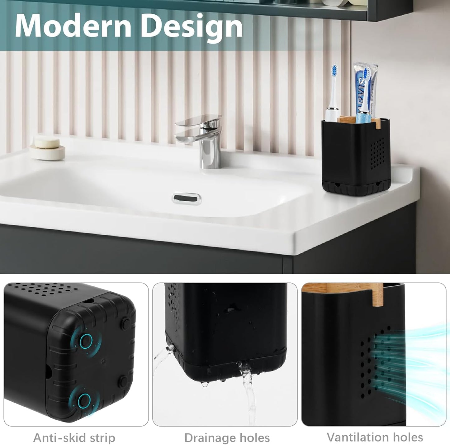 Boperzi Black Toothbrush Holders for Bathroom, Electric Toothbrush Holder with Bamboo Divider, Detachable Anti-Slip Toothbrush and Razor Holder Drainage for Shower, Toothbrush Organizer and Storage