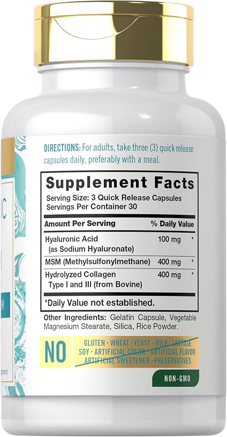 Carlyle Hyaluronic Acid Complex 900 mg | with Collagen and MSM | 90 Capsules | Non-GMO, Gluten Free Supplement