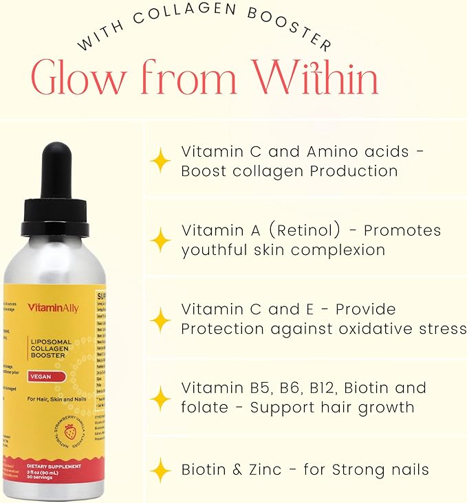 Vegan Liposomal Liquid Collagen Booster Drops | Supports Healthy Hair, Skin and Nails | Vegan | Non-GMO | Sugar Free | Gluten Free | Easy to Use