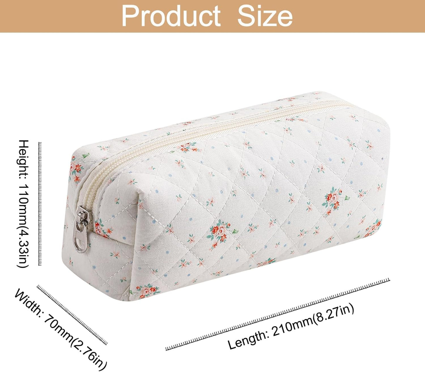 Cute Floral Cotton Makeup Brush Cosmetic Bag for Women, Travel Quilted Zipper Make Up Bag, Flowers Toiletry Organizer Case Kawaii Makeup Cosmetic Travel Cloth Pouch (White Small Flower)