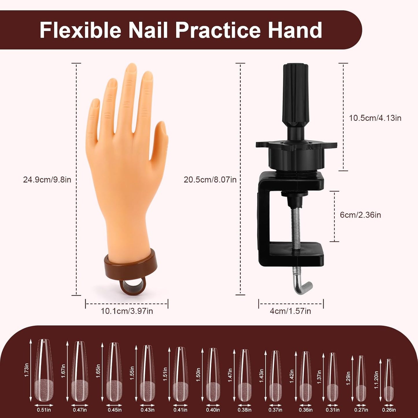 LIONVISON Practice Hand for Acrylic Nails: Flexible Mannequin Hand Model for Nails, Rubber Fake Training Manicure Hands with 240Pcs Ballerina Nail Tips