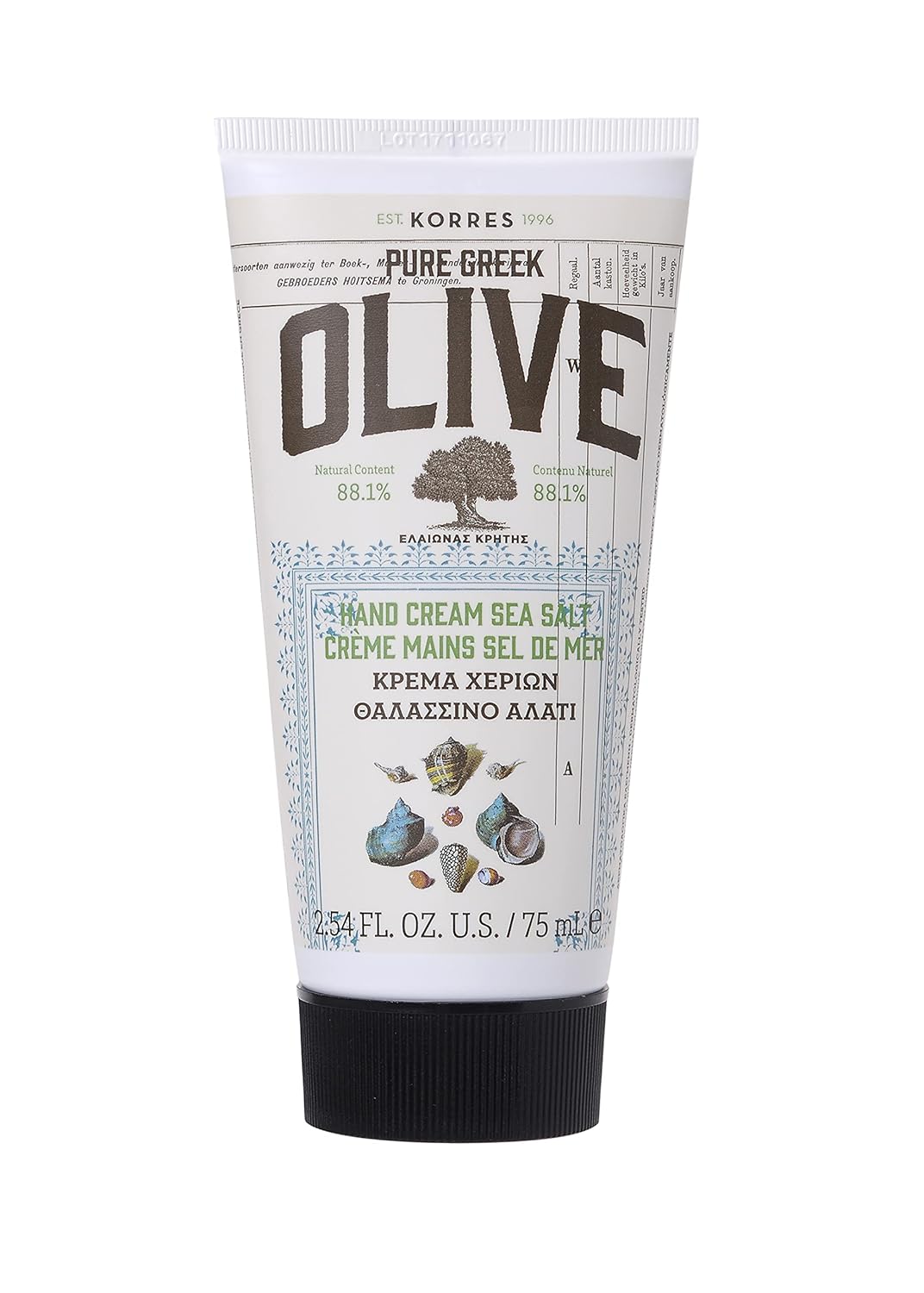 KORRES Olive Hand Cream, Sea Salt, Nourishing and Hydrating Moisturizer with Greek Olive Oil and Antioxidants, For Soft Smooth Skin and Dry Hands, Vegan Skin Care for Women & Men, 2.54 Fl Oz