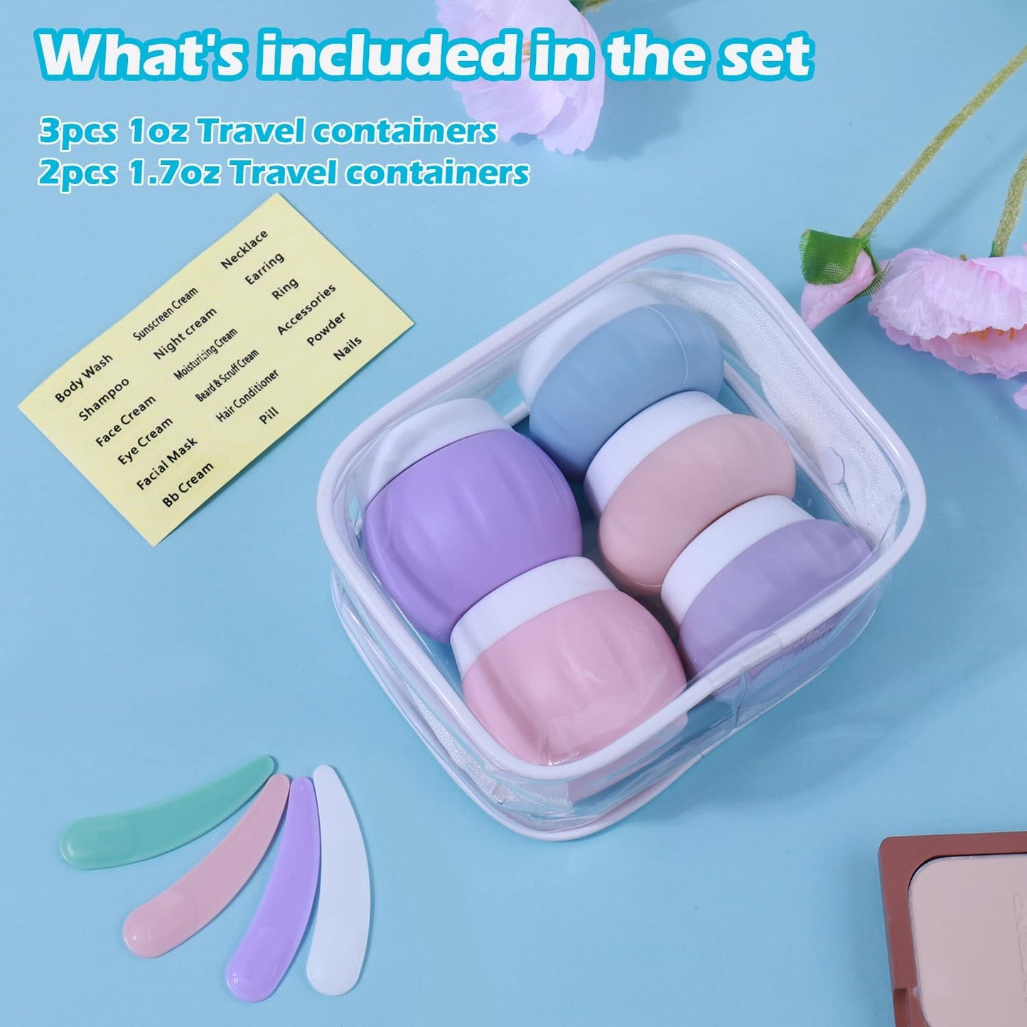 GLAMFIELDS TSA Approved 2Pcs 1.7oz+3Pcs 1oz Travel Size Silicone Jars BPA Free, Leak-proof Travel Essentials with Lid for Cosmetic Face Hand Body Cream Purple(5Pack)