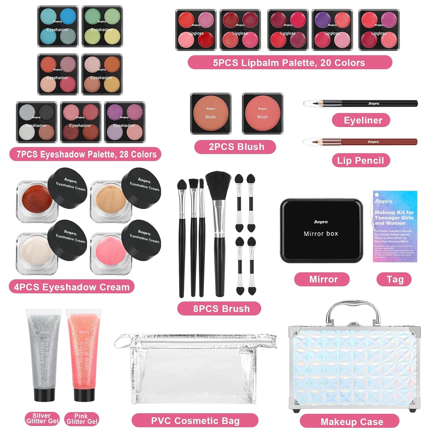 Anpro All-In-One Makeup Carry Case with Pro Teen Makeup Set, Full Starter Cosmetics Kit with Makeup Brushes, Lipsticks, Eye Shadows Palette, Blushes, Glitter Gel