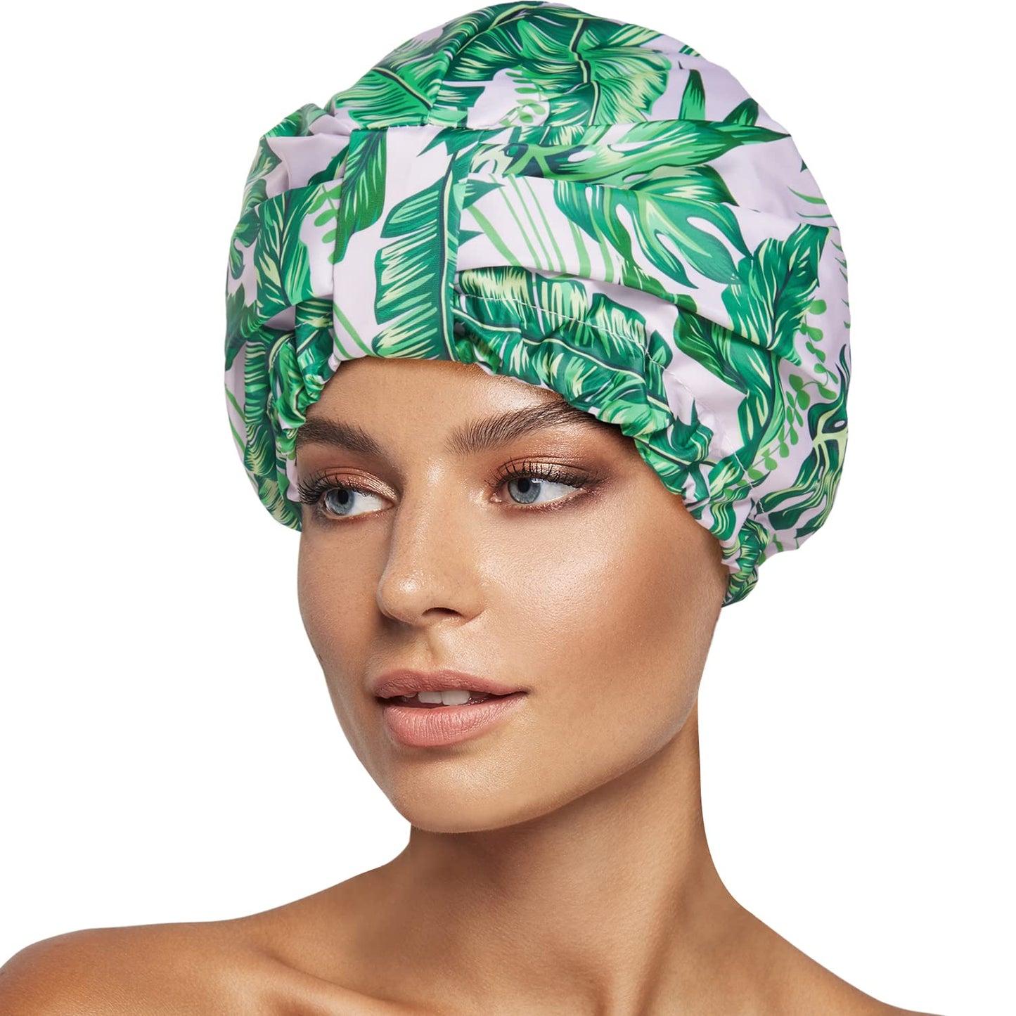 INNELO Luxury Shower Cap for Women Reusable Waterproof, Double Layered Shower Hair Cap with Adjustable Elastic Strap, Large Satin Lined Shower Bath Cap for Long Curly Straight Hair, Palm leaves