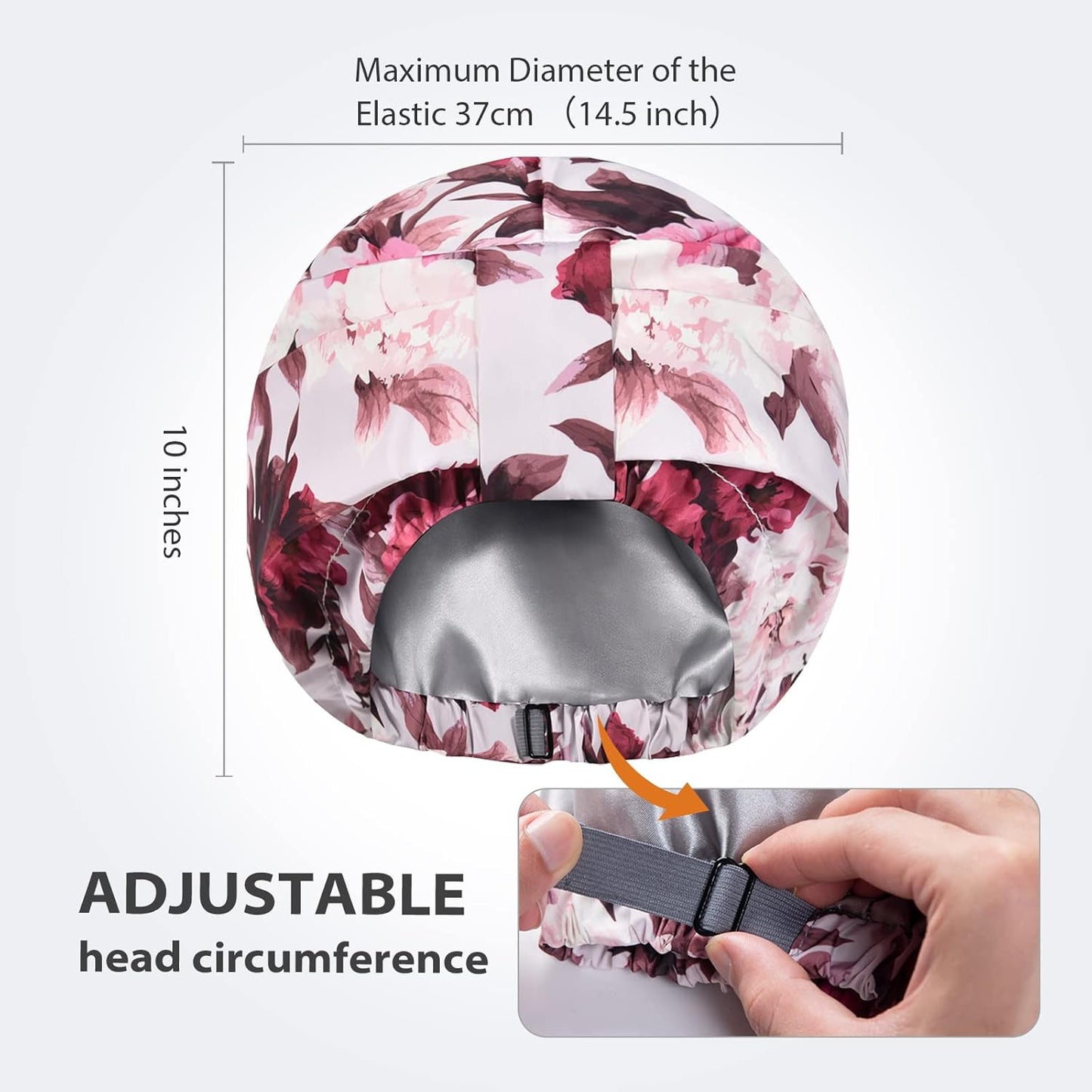 INNELO Luxury Shower Cap for Women Reusable Waterproof, Double Layered Shower Hair Cap with Adjustable Elastic Strap, Large Satin Lined Shower Bath Cap for Long Curly Straight Hair, Pink-Flower