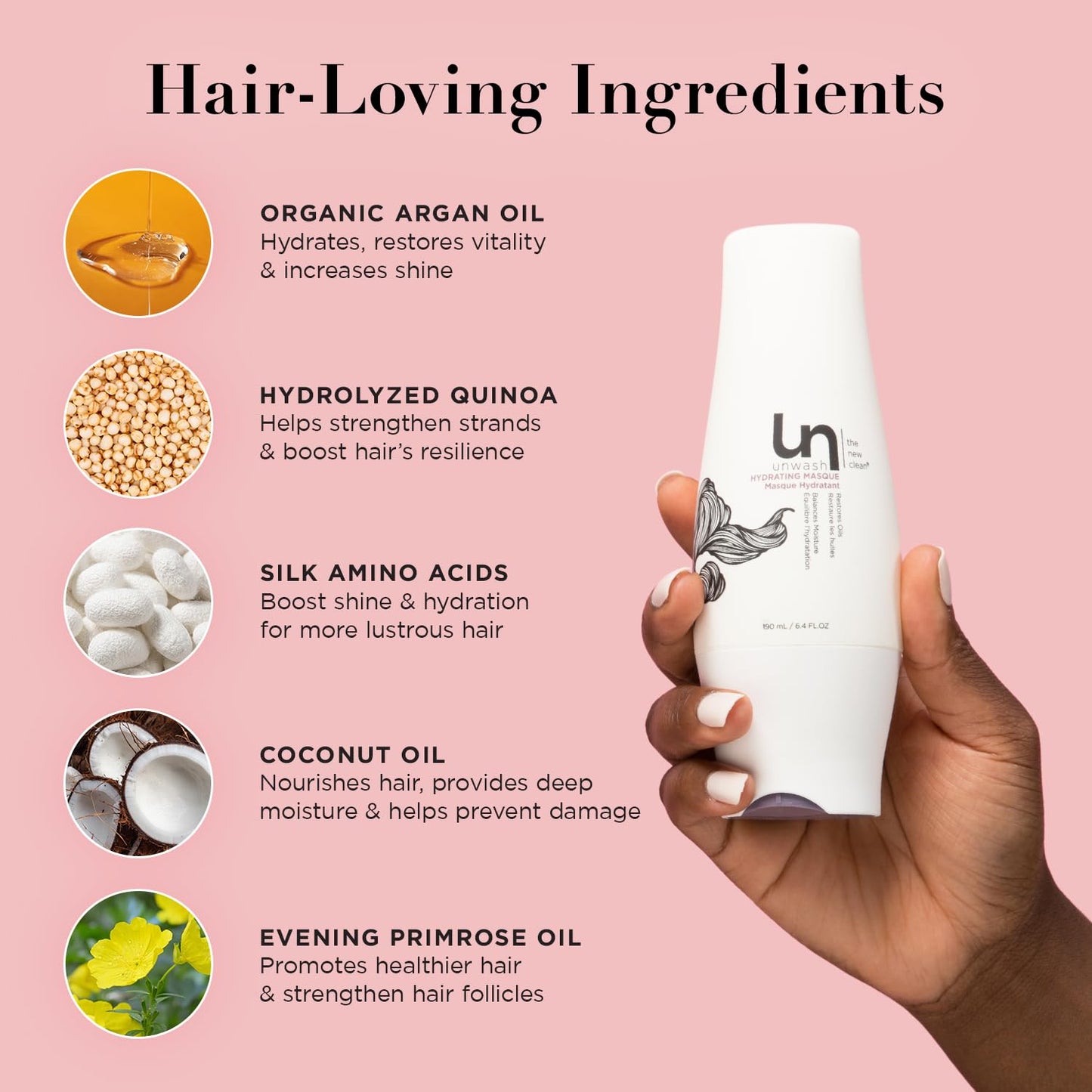 unwash Hydrating Hair Masque - Deep Conditioning & Restorative Hair Treatment for Damaged, Dry & Colored Hair, Sulfate & Paraben Free, Made w/Argan and Coconut Oils, 6.4 Fl Oz