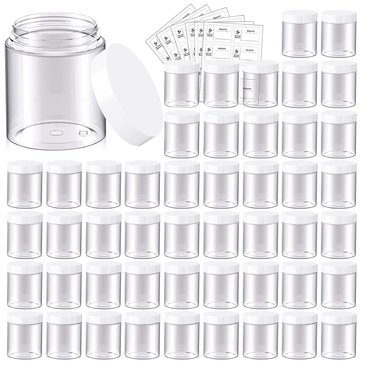 48 Pack 8 OZ Plastic Jars Round Clear Cosmetic Container Jars with White Lids, Eternal Moment Plastic Slime Jars for Lotion, Cream, Ointments, Makeup, Eyeshadow, Rhinestone, Samples, Travel Storage