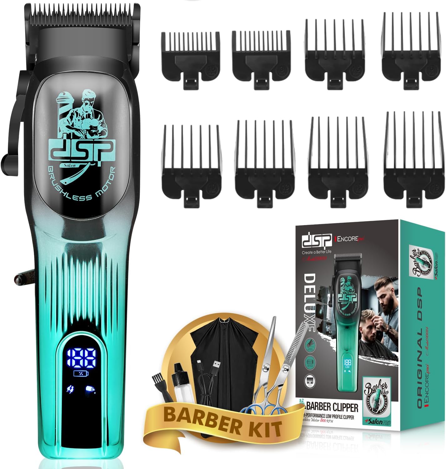 DSP Professional Hair Clipper for Men, Brushless Motor with 4CR DLC+Ceramic Blade, Rechargeable Cordless Hair Cutting Kit- Gift for Men (Green)