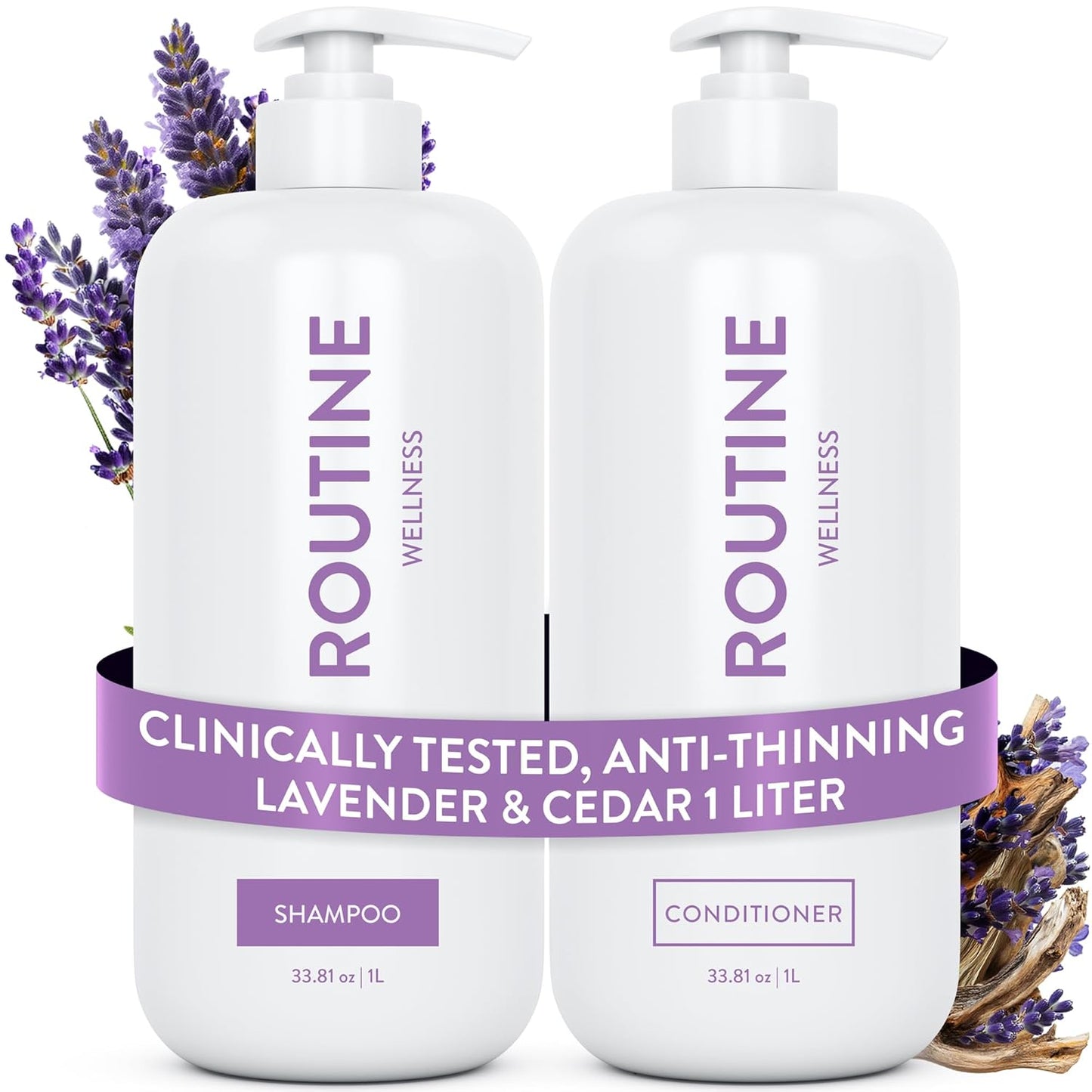 Routine Wellness 1 Liter Anti-Thinning Volumizing Shampoo and Conditioner Set for Thinning Hair & Hair Loss - Grow Your Confidence with Biotin & DHT Blockers - 1 Liter Lavender & Cedar Set