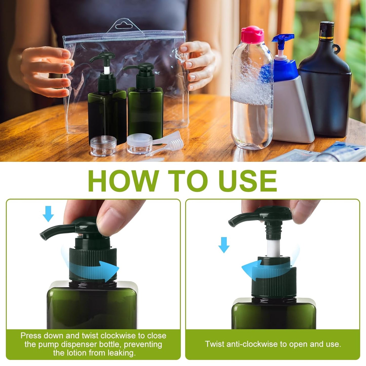 Domensi 24 Pcs 100ml /3.4 oz Pump Bottle Mini Travel Bottles Small Dispenser Containers Plastic Pump Lotion Dispenser Empty Square Travel Size Containers Toiletries (Dark Green)