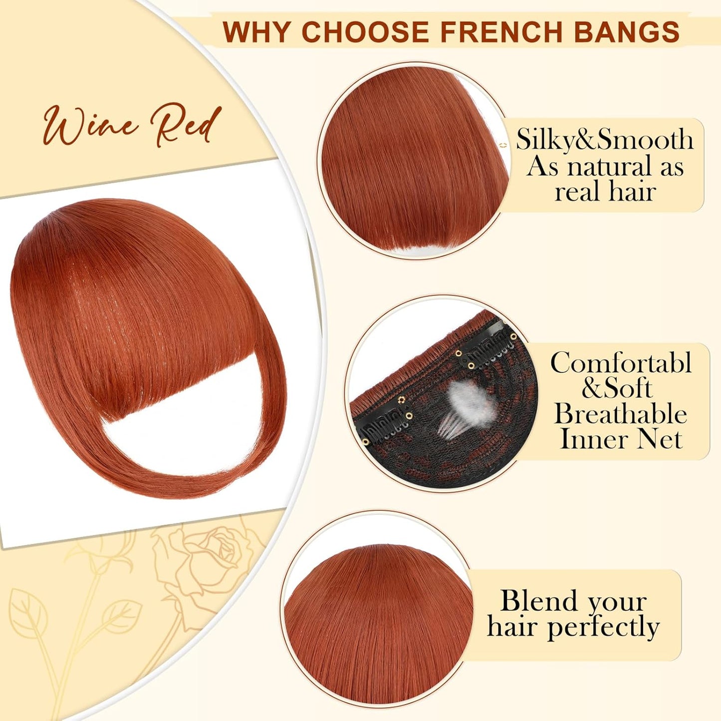 Bangs Hair Clip in Bangs, Fake Bangs Natrual Clip in Hair Extensions, Easy to Use Faux Bangs Clip on Bangs, French Bangs Fringe with Temples Hairpieces Curved Bangs for Daily Wear