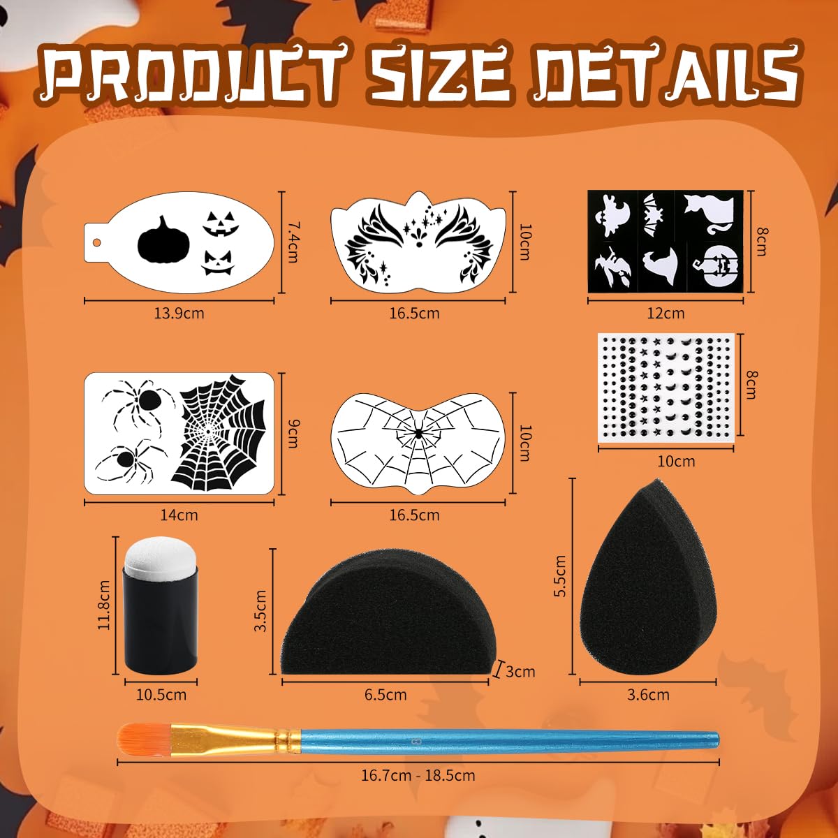 63 pcs Halloween Face Painting Stencils Kit, 38 pcs Reusable Face Body Paint Stencils Templates, 10 Brushes, 13 pcs Sponges, 2 Black Gems for Halloween Makeup Depvision Face Paint Accessory Kit