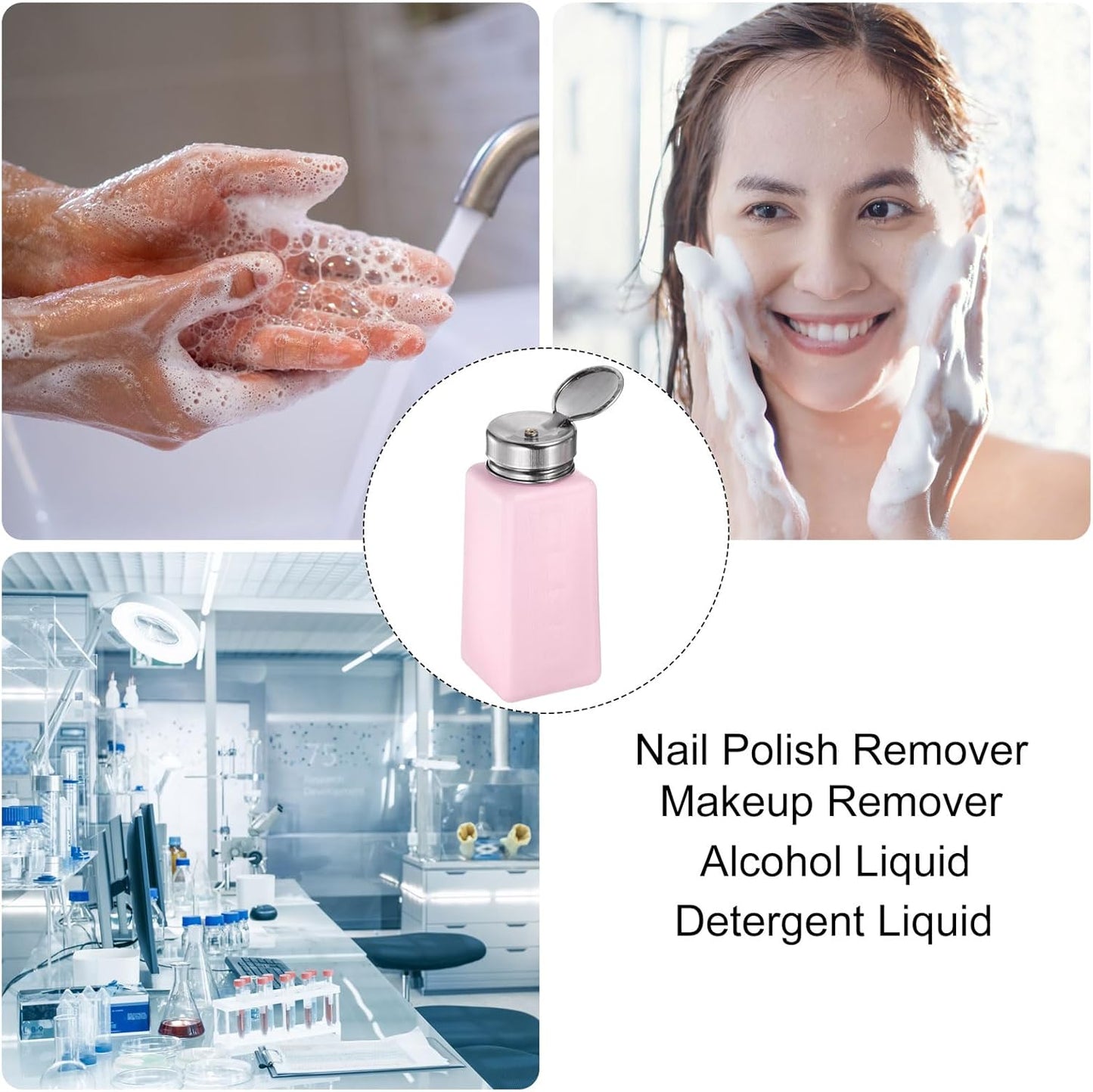 HARFINGTON 4PCS 250ML(8.5oz) Push Down Alcohol Dispenser Pump Liquid Press Empty Bottles Refillable Container for Acetone Cleanser Nail Polish Remover, Pink