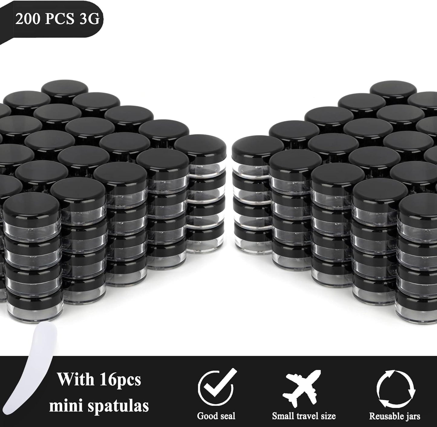 200PCS 3 Gram Sample Containers, 3ml Empty Jars with Lids, Small Cosmetic Containers, Mini Sample Jars with 16PCS Mini Spatulas for Make Up, Oils, Lotion, Powder, Paint, Jewelry, Lip Balms(Black Lid)