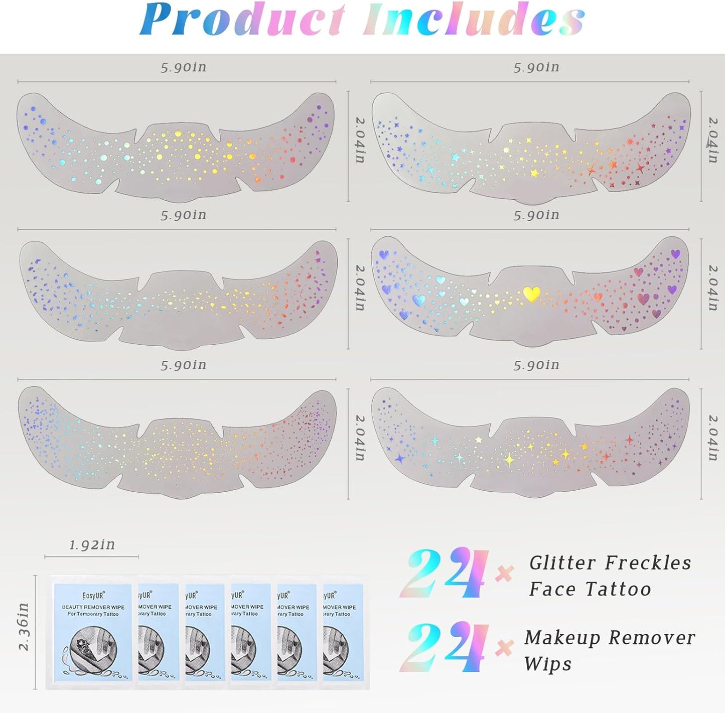 24 pcs Holographic Multichrome Glitter Freckles Face Tattoo, Waterproof Sparkle Face Glitter Speckles Patches for Women, Cute Star Glitter Temporary Tattoo Makeup Accessories for Festival Rave
