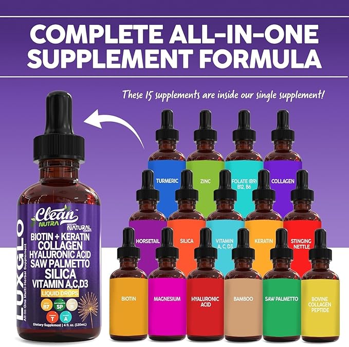Biotin Liquid Drops Collagen Keratin Hyaluronic Acid Saw Palmetto for Hair Skin and Nails Silica Vitamin A C Vitamin D Bamboo Turmeric Zinc Folate Magnesium Horsetail LuxGlo by Clean Nutra - 3Pack