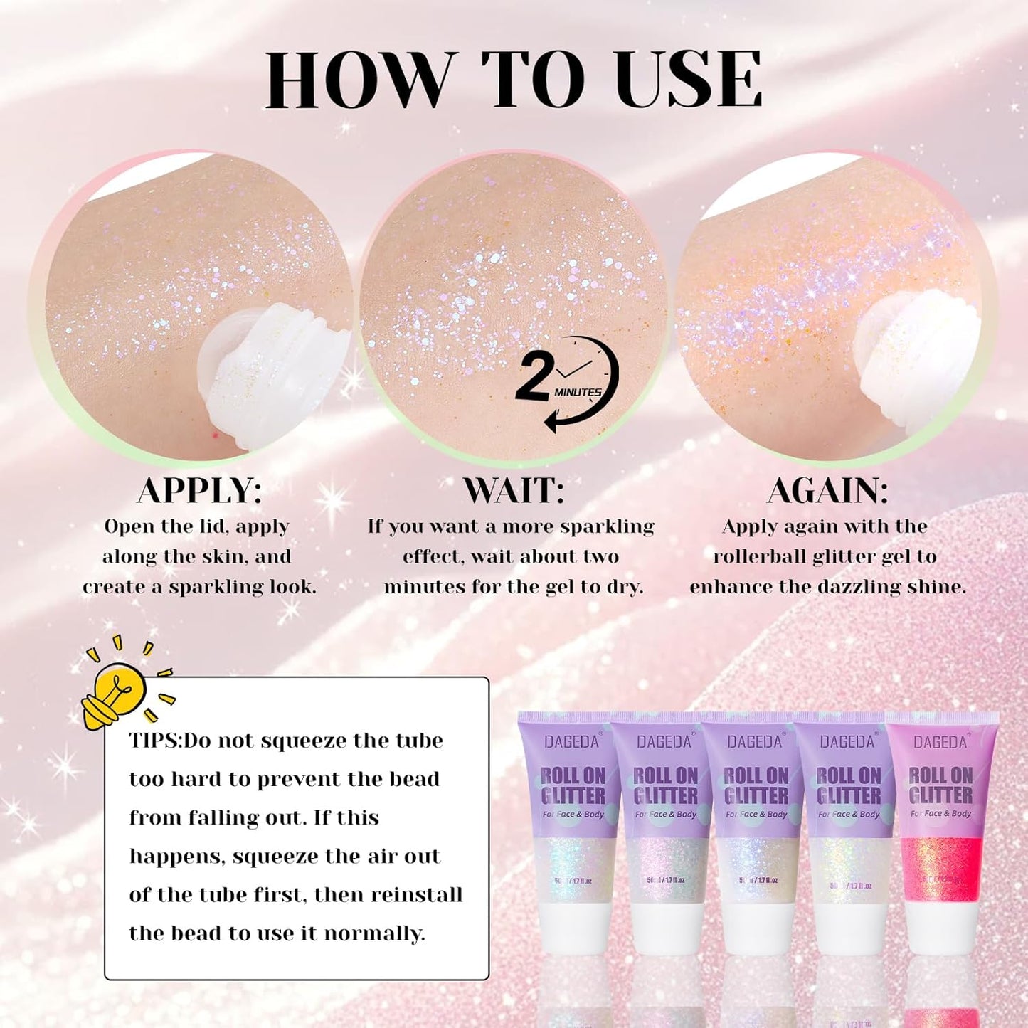 DAGEDA 2 Colors Roll-on Body Glitter, Eye Face Glitter Gel for Festival Outfit Mermaid Accessories,Holographic Color Body Shimmer Makeup Rave Outfits Accessories for Women(01+02)