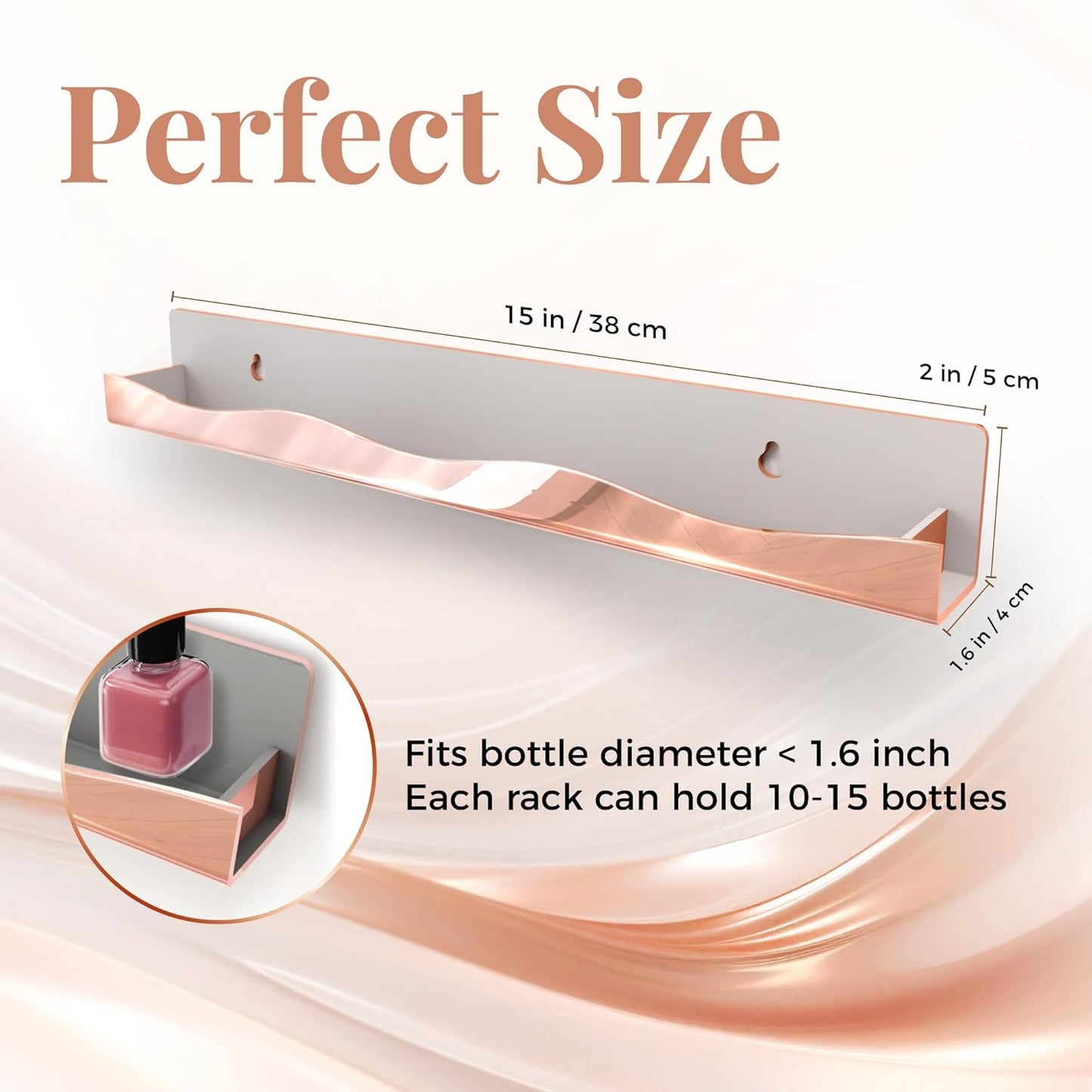 Wall-Mounted Nail Polish Organizer Rack - 15-Inch Rose Gold Mirror Finish Nail Polish Shelf, Makeup & Beauty Essentials Storage - Multi-Purpose Display Holder for Small Space, Vanity Bathroom, 6 Pack
