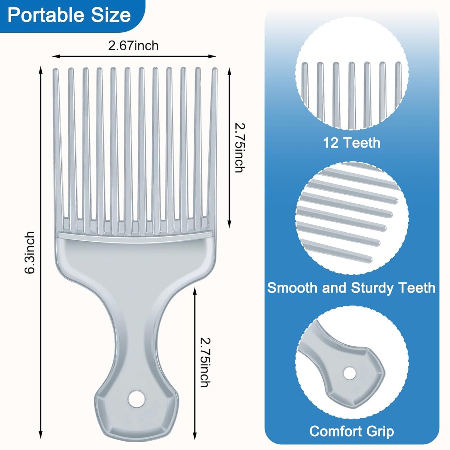 SIMPOR 2 Pcs Hair Pick Comb Wide Tooth Lift for Hair Styling Detangling Plastic Afro Pick for Women Men (Silver, Black)