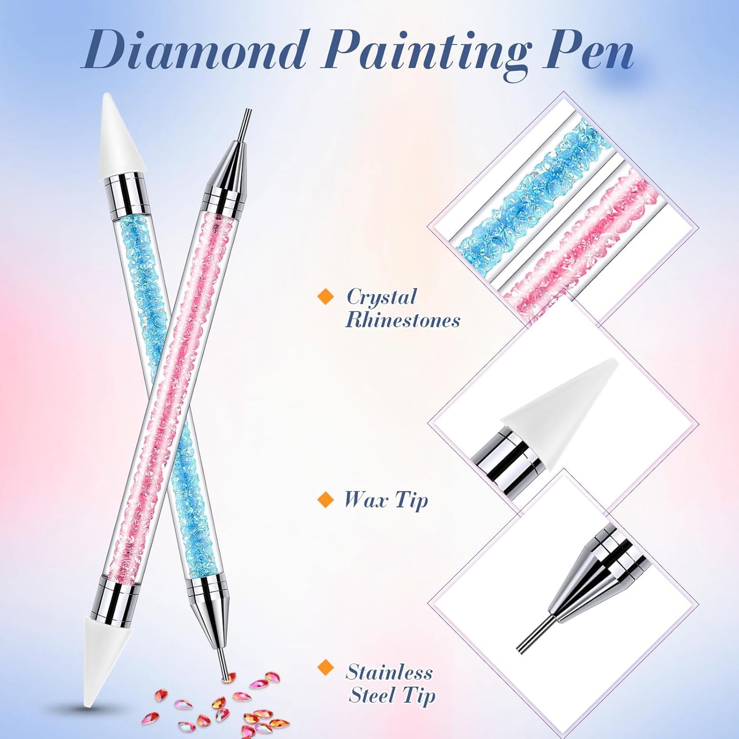2 Pieces Rhinestone Picker Dotting Pen, Dual-ended Rhinestone Gems Crystals Studs Picker Wax Pencil Pen Crystal Beads Handle Manicure Nail Art DIY Decoration Tool (Light Blue Pink)