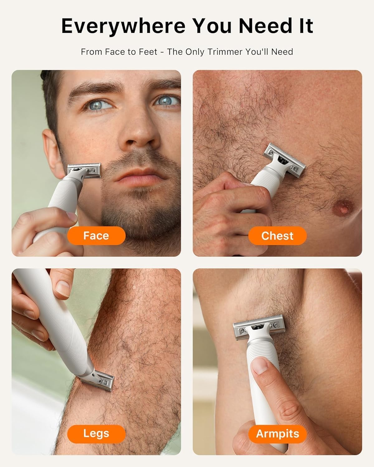 Electric Groin & Body Hair Trimmer - Painless Beard Razor for Men, All-in-One Body Groomer, Waterproof Wet/Dry Men's Ball Shaver with Magnetic Head, USB-C Charging, Easy Claen, White(Lite)