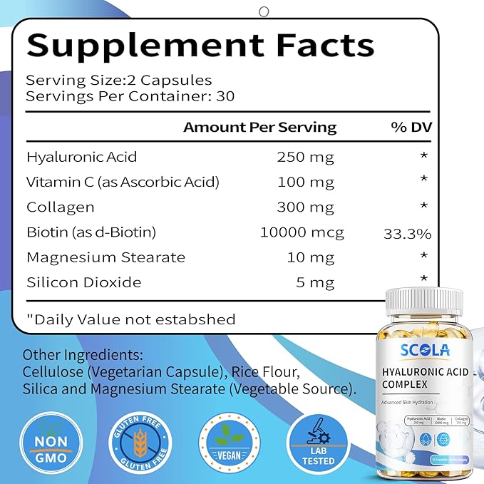 SCOLA Hyaluronic Acid- Hydration with 250 mg Hyaluronic Acid, and 10000 mcg Biotin - 60 Vegan Capsules