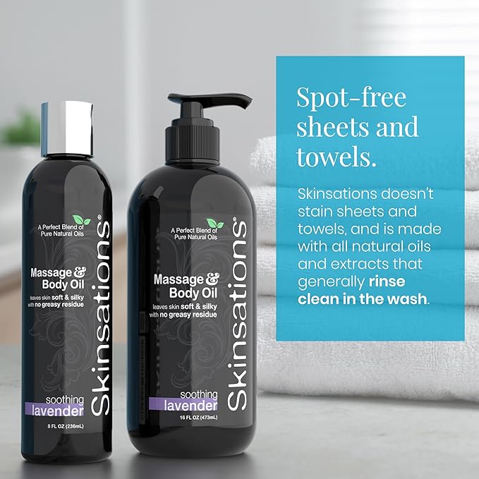 Skinsations - Lavender Massage Oil for Massage Therapy - 16oz | Muscle Relaxing Blend of Sweet Almond, Fractionated Coconut, Grapeseed and Jojoba Oil | Scented Body Oil, Sore Muscles, Aromatherapy