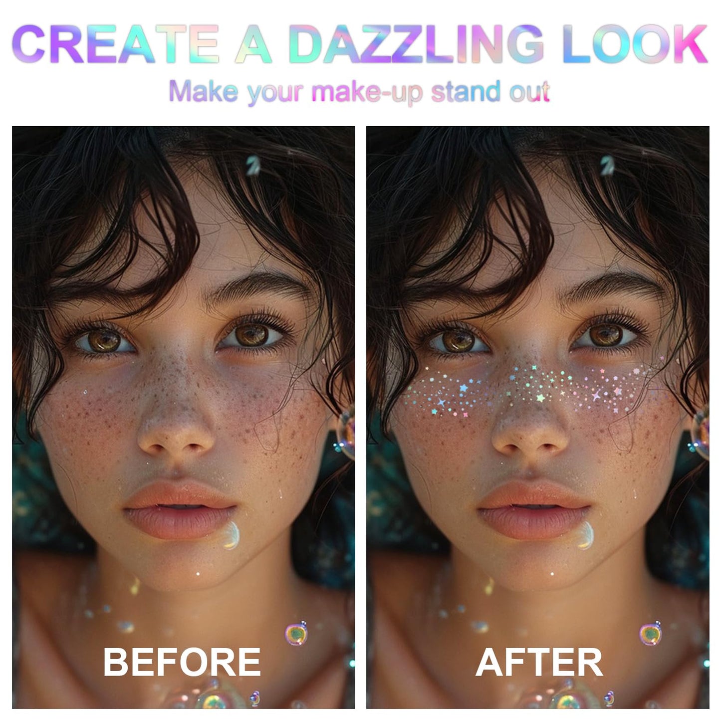 8 PCS Holographic Multicolor Glitter Freckles Face Tattoo, Makeup Patch, Faux Freckles Waterproof Temporary Tattoos Cute Glitter For Women and Kids Halloween Christmas (8PcsB Holographic Multicolor)