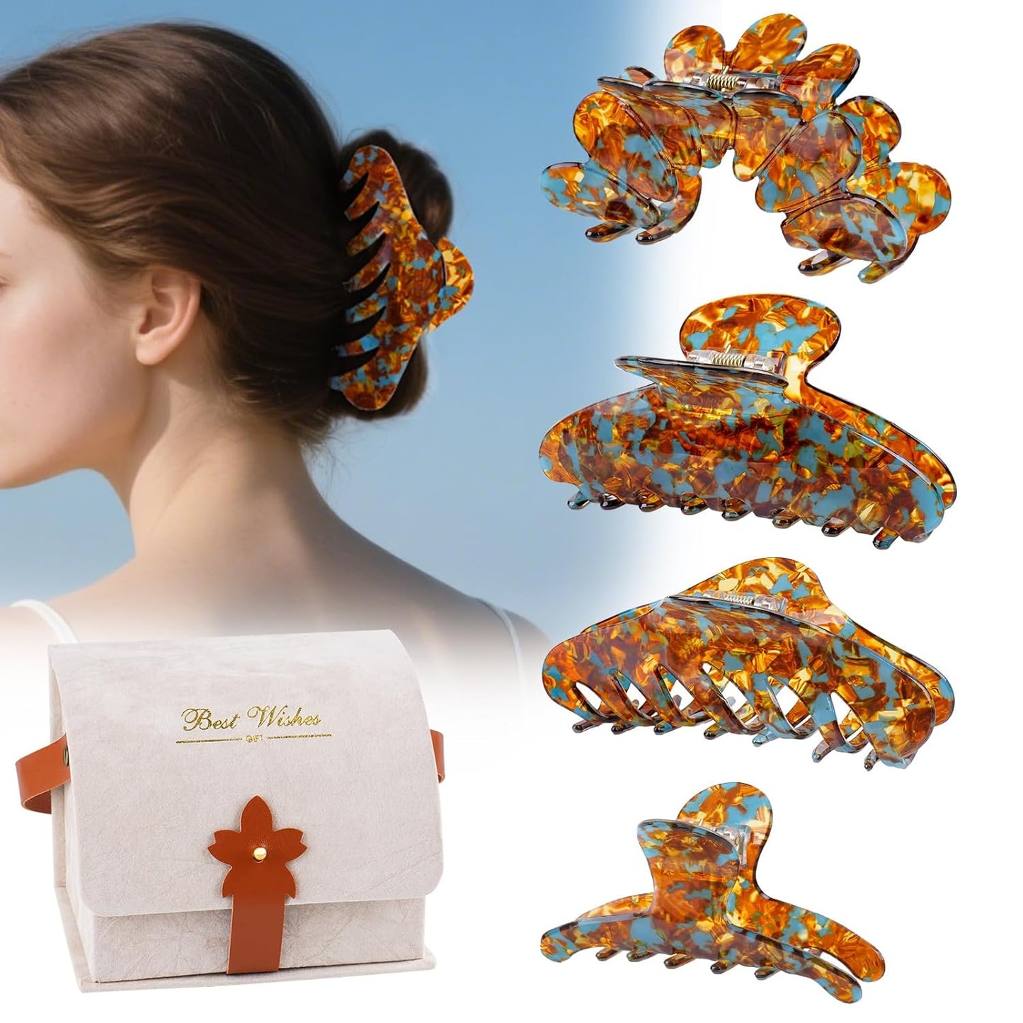 TOCESS Tortoise Hair Claw Clip - Large&Small 4pcs PVC Claw Clips, Cute&French Tortoise Shell Style for Women/Girls/Teens with Thick/Thin/Long/Curly Hair - Daily Wear, Office, Travel, and Gifts